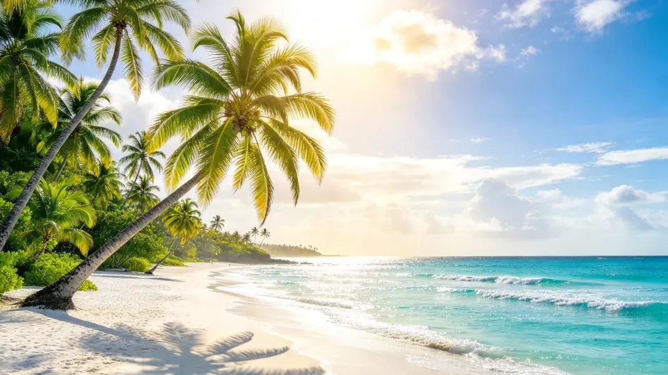 Tropical beach with leaning palm trees