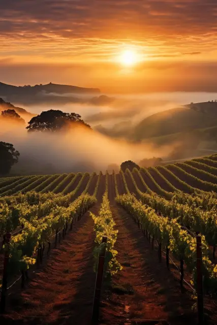 Foggy dawn over vineyards
