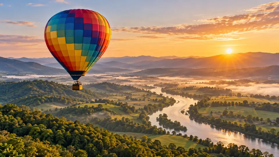 Hot air balloon over a river valley