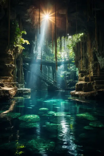 Hidden cenote with crystal-clear water