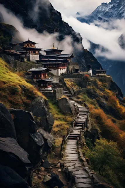 Monasteries on jagged mountain peaks