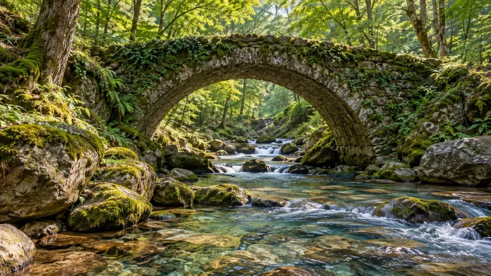 Mossy stone bridge over a forest stream