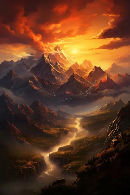 Dramatic mountain peaks at sunset