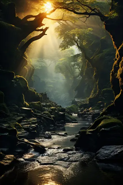 Sun rays in a forest glade