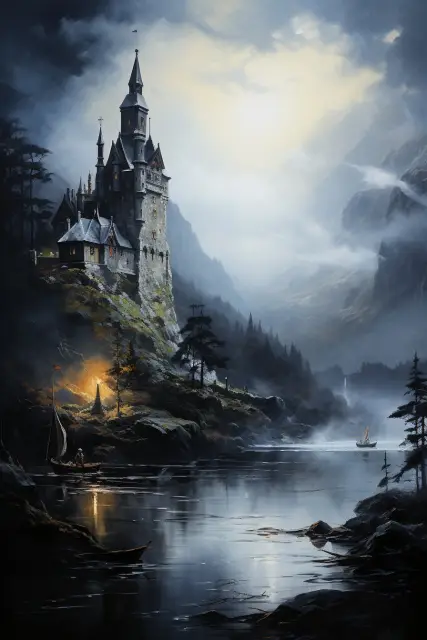 Clifftop castle above a calm inlet