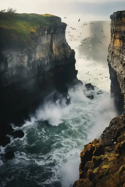 Waves crashing against coastal cliffs
