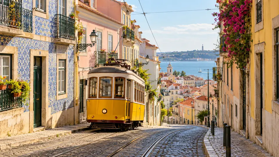 Yellow tram on a Lisbon street