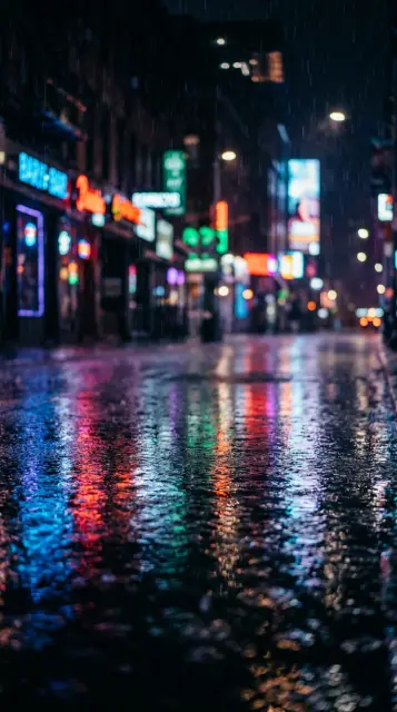 Rainy city street with neon reflections