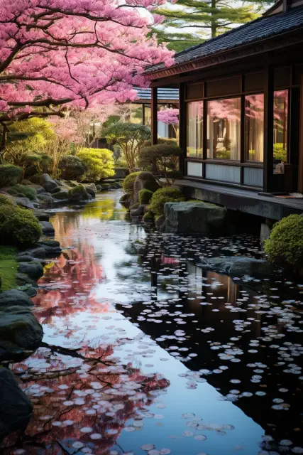 Calm Japanese garden with a pebble path