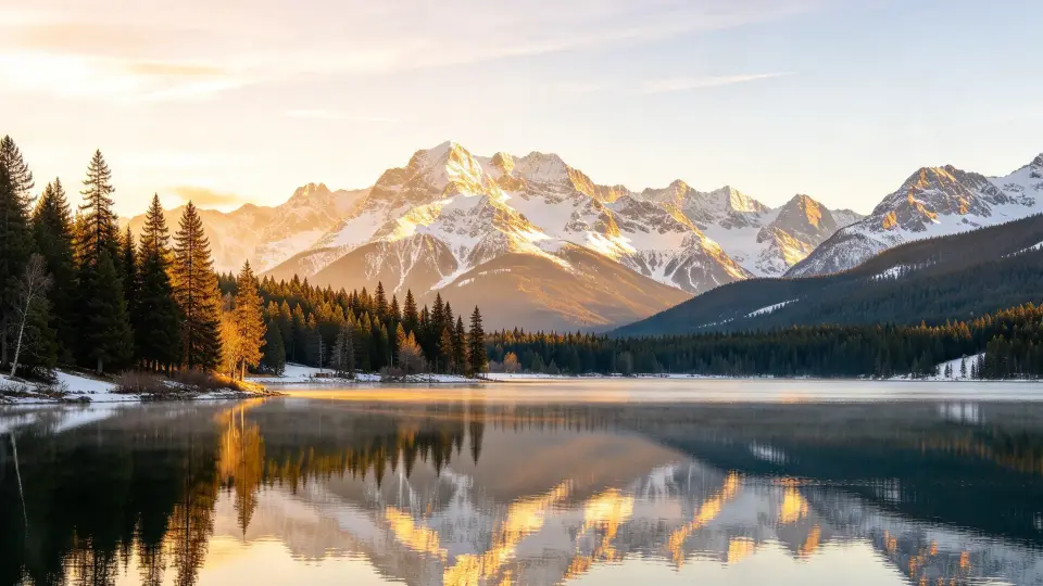 Snowy peaks reflected in a still lake