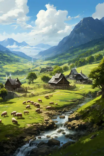 Thatched cottages in rolling countryside