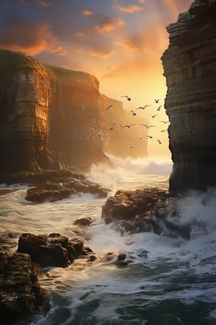 Waves crashing against coastal cliffs