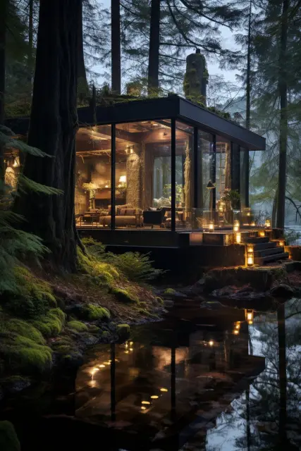 Forest retreat beside a still lake