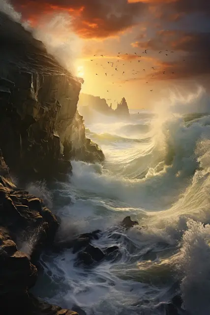Waves crashing against coastal cliffs