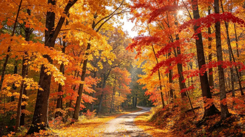 Road through a red and orange autumn forest