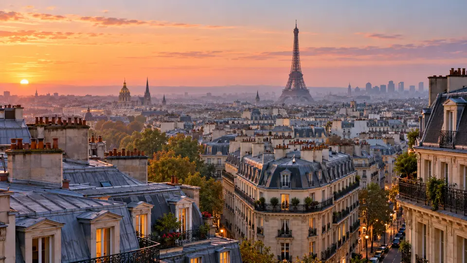 Paris rooftops and the Eiffel Tower at dawn