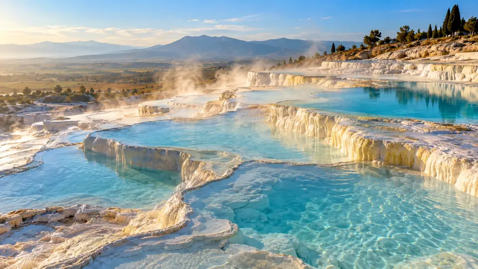 Steaming travertine terraces with blue pools