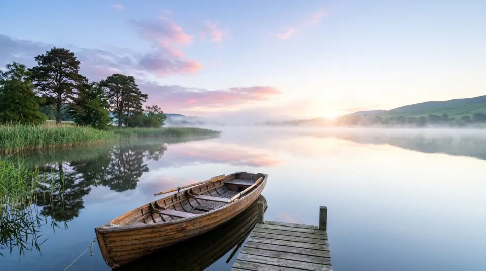 Rowing boat at a misty lake jetty