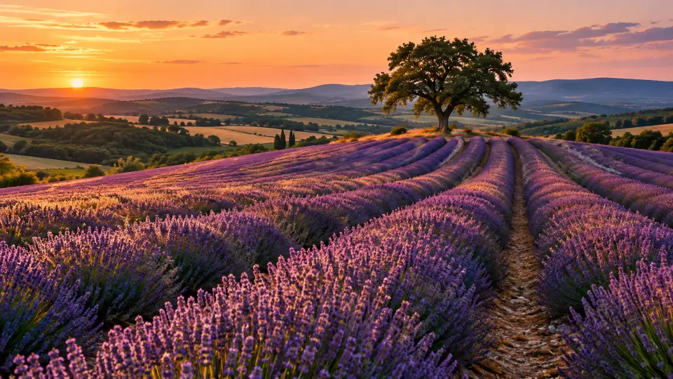 Lavender rows leading to a lone oak at sunset