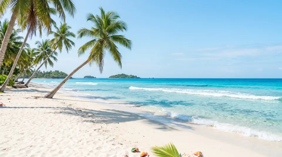 Palm-fringed white sand beach