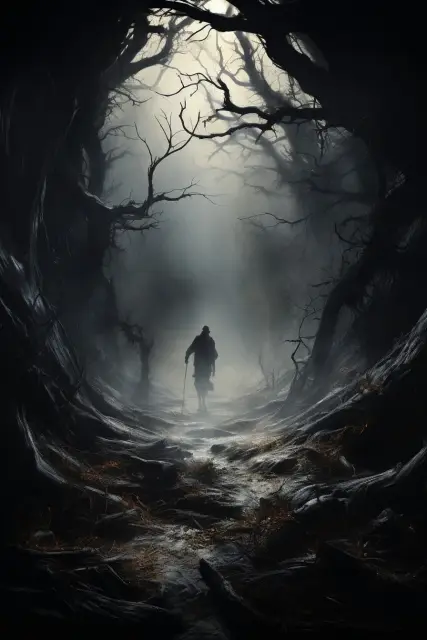 Eerie foggy moor with twisted trees