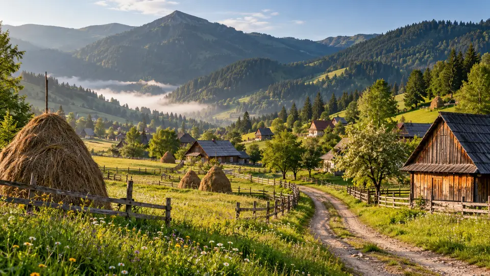 Mountain village with haystacks and wooden barns