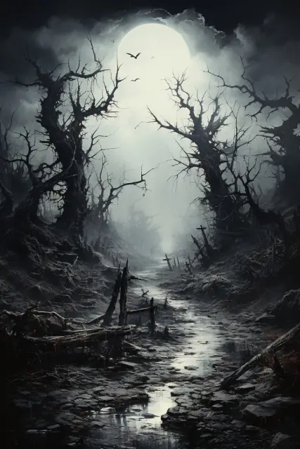 Eerie foggy moor with twisted trees