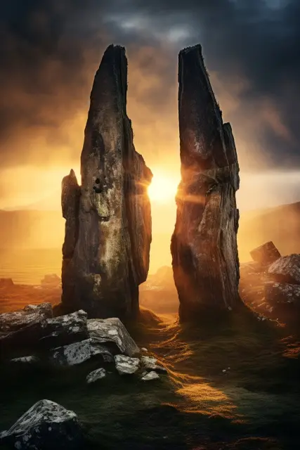 Ancient standing stones in morning haze